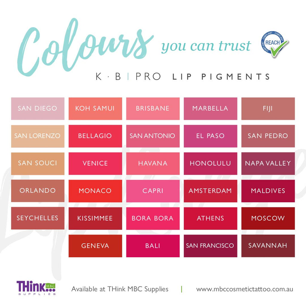 KB Pro Lip Pigment Range, award winning extensive 29 shade pmu pigment range | THink MBC Cosmetic Tattoo Supplies